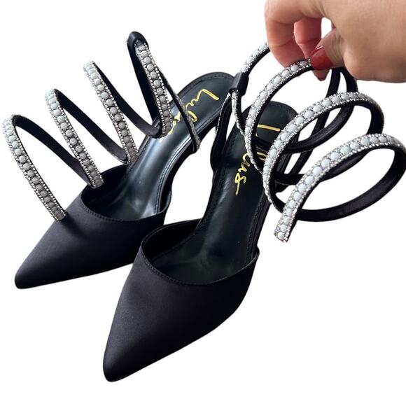 Lulu's Black Satin Pearl Rhinestone Pointed-Toe Pumps - SIze 5.5 - Picture 3 of 5